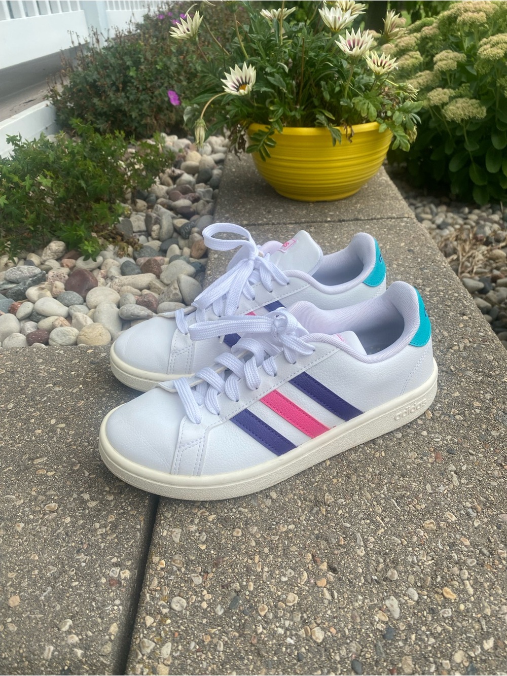 adidas Cloudfoam White Sneakers with Purple & Pink Stripes and Teal Heel